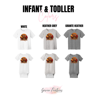 Infant and toddler color options for the Thankful patchwork turkey design: white, heather grey, and granite heather