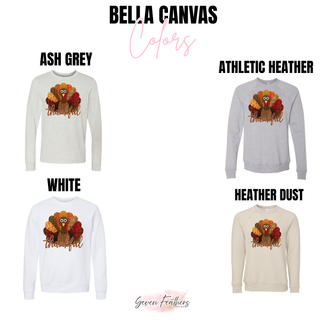 Bella Canvas color options for the Thankful patchwork turkey design: ash grey, athletic heather, white, and heather dust