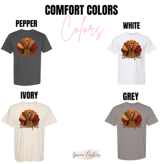 Comfort Colors color options for the Thankful patchwork turkey design: pepper, white, ivory, and grey