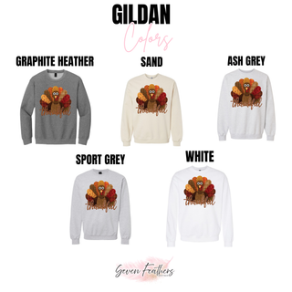 Gildan color options for the Thankful patchwork turkey design: graphite heather, sand, ash grey, sport grey, and white
