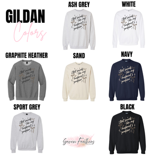 That Sounds Like My Husband's Problem Graphic Top Gildan colors in ash grey, white, graphite heather, sand, navy, sport grey, and black crewneck
