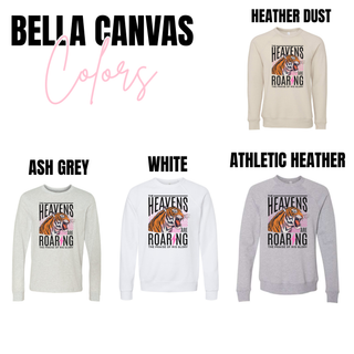 Bella Canvas swatch showing heather dust, ash grey, white, and athletic heather with roaring tiger graphic