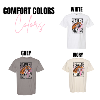 Comfort Colors swatch showing white, grey, and ivory tees with roaring tiger graphic
