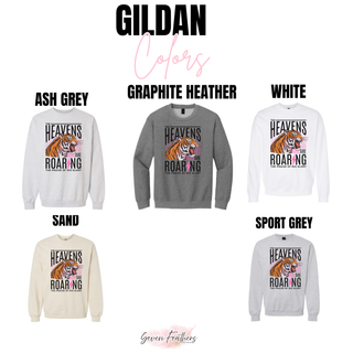Gildan crewneck swatch showing ash grey, graphite heather, white, sand, and sport grey