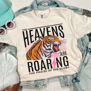 Ivory Comfort Colors tee with roaring tiger and The Heavens Are Roaring bold graphic front view