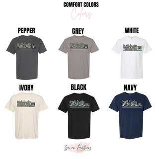 Comfort Colors t-shirt color chart for the Wildcats design, showing pepper, grey, white, ivory, black, and navy tees
