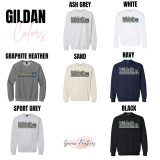 Gildan sweatshirt color chart for the Wildcats design, showing ash grey, white, graphite heather, sand, navy, sport grey, and black crewnecks