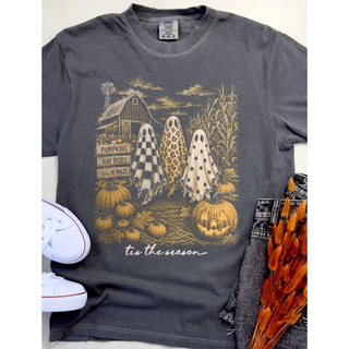 Pepper grey Comfort Colors graphic tee with ghost trio, pumpkin patch, and tis the season design