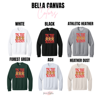 Tee and crewneck sweatshirt color options featuring the Tis the Season Gingerbread Trio design.