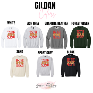 Gildan apparel color options featuring the Tis the Season Gingerbread Trio design.