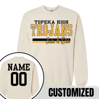 Topeka High Trojans Swim and Dive custom crewneck with optional personalized name and number on back in athletic font for Topeka Kansas team supporters
