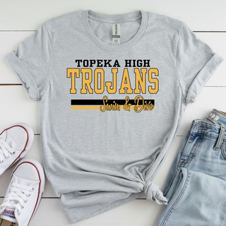 Topeka High Trojans Swim and Dive t-shirt in ash grey Gildan short sleeve with gold and black varsity lettering styled with jeans and sneakers for Topeka Kansas school spirit wear