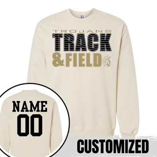 Topeka High Trojans Track and Field sweatshirt in sand color featuring front track and field design with optional custom name and number printed on back for personalized school spirit apparel