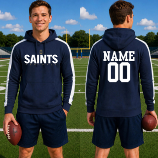 Topeka Saints Bold Emblem Football Fan Favorite Hoodie shown front and back with optional player personalization