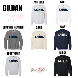 Topeka Saints Bold Emblem Football Gildan crewneck options in Ash Grey, White, Graphite Heather, Sand, Navy, Sport Grey, and Black
