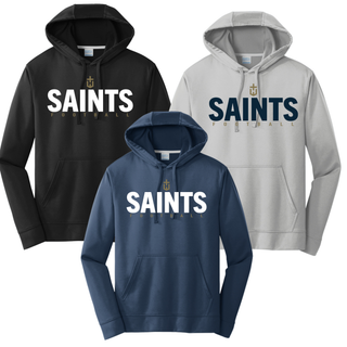 Topeka Saints Bold Emblem Football Performance Fleece Hoodie options in Black, Silver, and Deep Navy