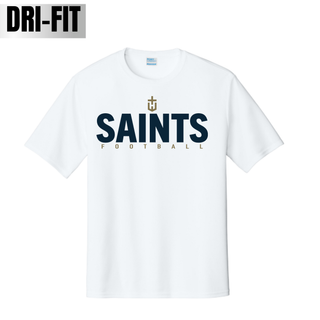 White Sport Tek PosiCharge performance top with Topeka Saints bold emblem football graphic
