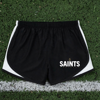 Black and White Topeka Saints Bold Emblem Football Women’s Cadence Performance Shorts on turf