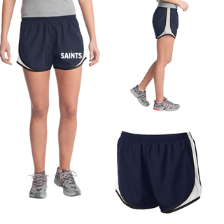 Navy and White Topeka Saints Bold Emblem Football Women’s Cadence Performance Shorts shown on a model