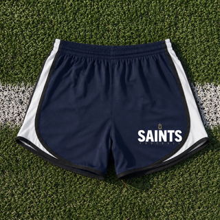 Navy and White Topeka Saints Bold Emblem Football Women’s Cadence Performance Shorts on turf