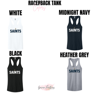 Topeka Saints Bold Emblem Football Women’s Ideal Racerback Tank options in White, Midnight Navy, Black, and Heather Grey