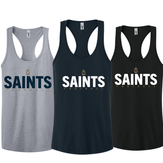 Topeka Saints Bold Emblem Football Women’s Ideal Racerback Tanks in Heather Grey, Midnight Navy, and Black