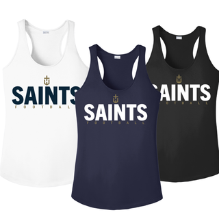 Topeka Saints Bold Emblem Football Women’s PosiCharge Racerback Tanks in White, True Navy, and Black