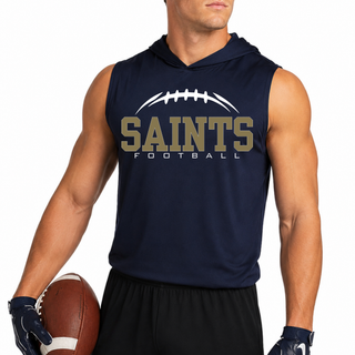 Model wearing a true navy sleeveless hoodie with Topeka Saints Classic Football Laces front design