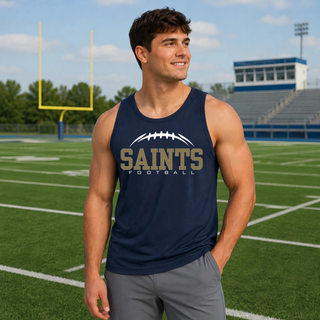 Model wearing a true navy competitor tank with Topeka Saints Classic Football Laces front design on a football field