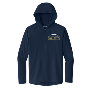 True navy half-zip hooded jacket with Topeka Saints Classic Football Laces graphic on the left chest