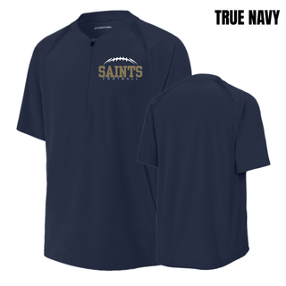 Front and back views of a true navy half-zip short sleeve jacket with Topeka Saints Classic Football Laces left-chest design