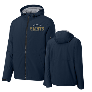 Front and back views of a true navy waterproof insulated jacket with Topeka Saints Classic Football Laces left-chest graphic
