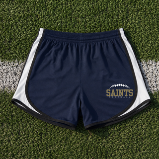 Navy women’s performance shorts with white trim and Topeka Saints Classic Football Laces graphic on the lower-left leg