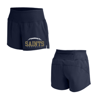 Front and back views of true navy women’s Repeat Shorts with Topeka Saints Classic Football Laces graphic