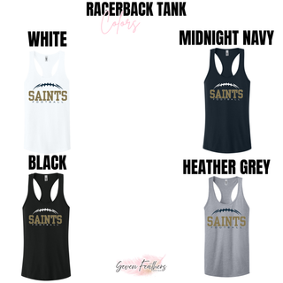 White, midnight navy, black, and heather grey women’s racerback tank color options with Topeka Saints football graphic