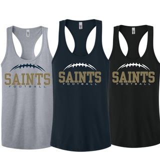 Heather grey, midnight navy, and black women’s racerback tanks with Topeka Saints Classic Football Laces design