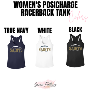 True navy, white, and black women’s performance racerback tank color options with Topeka Saints football graphic