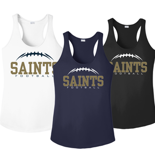 White, true navy, and black women’s performance racerback tanks with Topeka Saints Classic Football Laces design