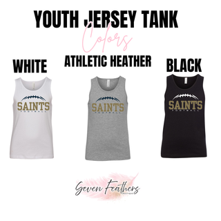 White, athletic heather grey, and black youth jersey tank color options with Topeka Saints football graphic