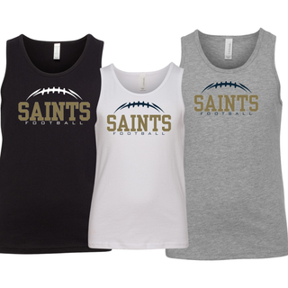 Black, white, and athletic heather grey youth jersey tanks with Topeka Saints Classic Football Laces design