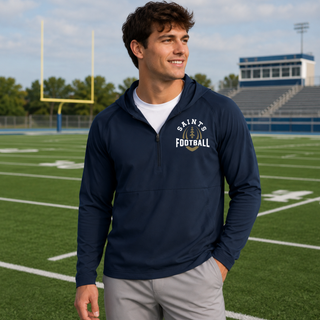 Model wearing Topeka Saints Football Outline Repeat Half-Zip Hooded Jacket