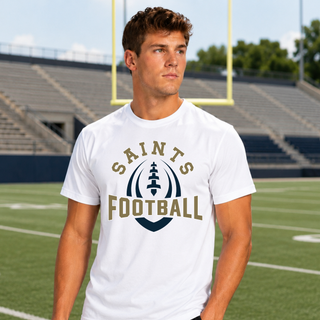 White Topeka Saints Football Outline top modeled on a football field