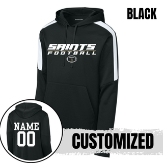 Black Topeka Saints Full Speed Football Fan Favorite Hoodie with white shoulder panels and personalized player name and number on the back