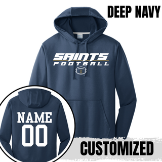 Deep navy Topeka Saints Full Speed Football performance fleece hoodie with personalized player name and number on the back