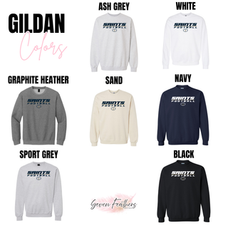 Topeka Saints Full Speed Football Gildan crewneck sweatshirt options in ash grey, white, graphite heather, sand, navy, sport grey, and black