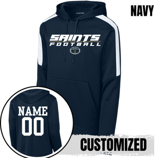 Navy Topeka Saints Full Speed Football Fan Favorite Hoodie with white shoulder panels and personalized player name and number on the back
