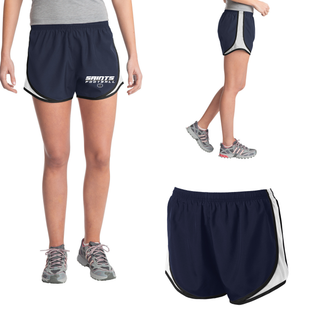 Woman modeling navy and white Topeka Saints Full Speed Football Cadence Performance Shorts with front, side, and product views