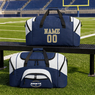 Navy and white Topeka Saints gridiron crest football duffel bag with optional player name and number