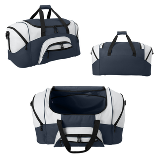 Navy and white football duffel bag shown from the front, back, and open compartment views