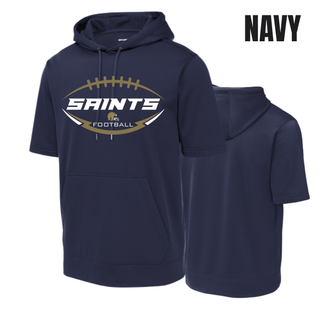 Navy Topeka Saints gridiron crest short sleeve hoodie modeled on a football field